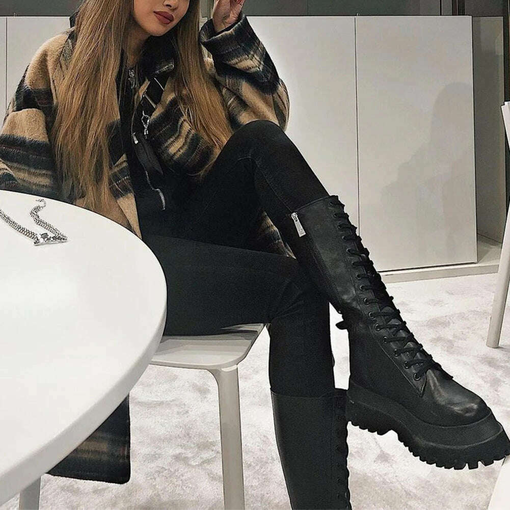 KIMLUD, Brand New Fashion Women Mid Calf Boots Flat Platform Chunky Heels Bottom Female High Boots Autumn Fashion Goth Black Shoes, KIMLUD Womens Clothes