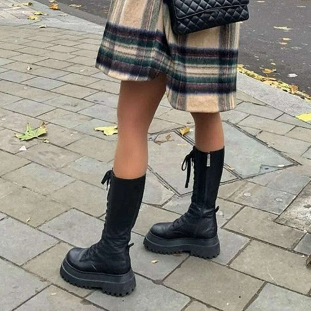 KIMLUD, Brand New Fashion Women Mid Calf Boots Flat Platform Chunky Heels Bottom Female High Boots Autumn Fashion Goth Black Shoes, KIMLUD Womens Clothes