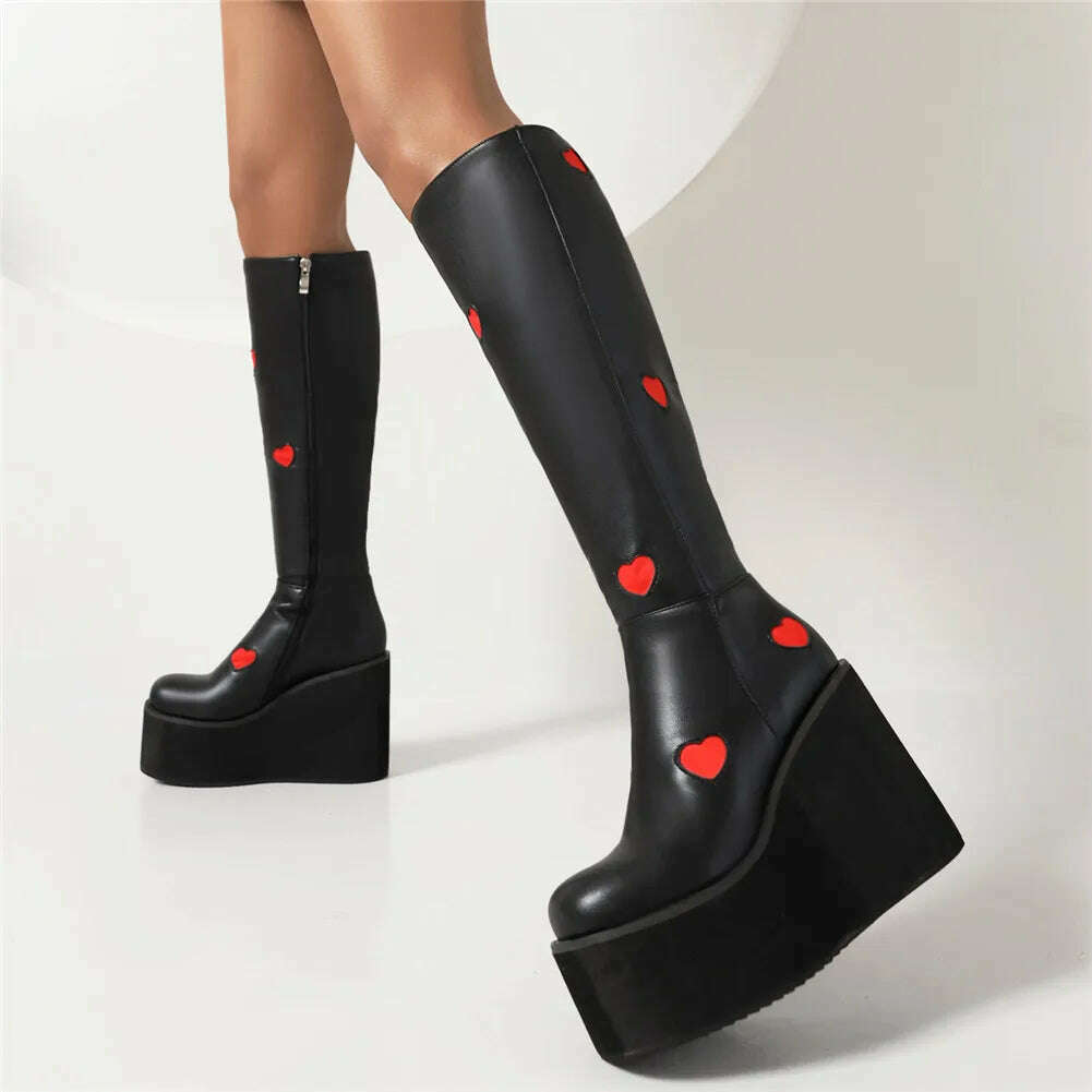 KIMLUD, Brand New Female Platform Knee High Boots Fashion Heart Wedges High Heels women&#39;s Boots 2022 Party Sweet Cool Goth Woman Shoes, KIMLUD Womens Clothes