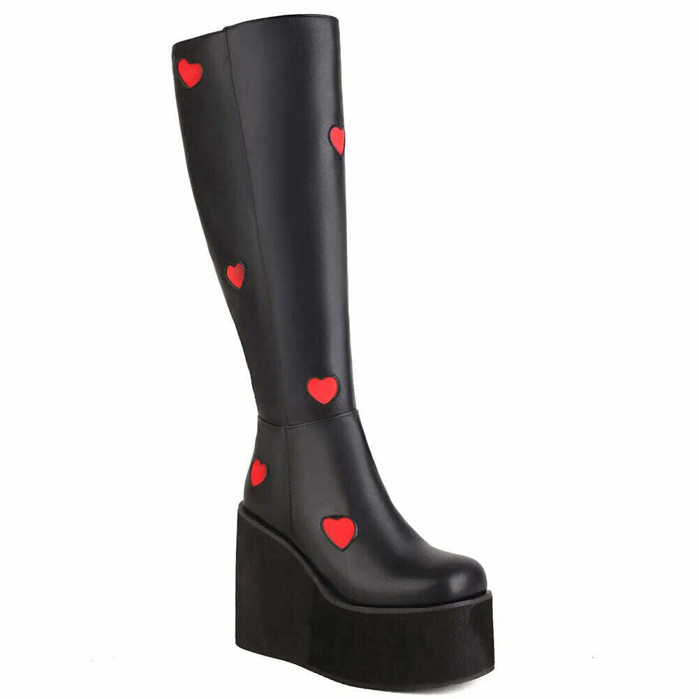 KIMLUD, Brand New Female Platform Knee High Boots Fashion Heart Wedges High Heels women's Boots 2022 Party Sweet Cool Goth Woman Shoes, Black / 5, KIMLUD Womens Clothes