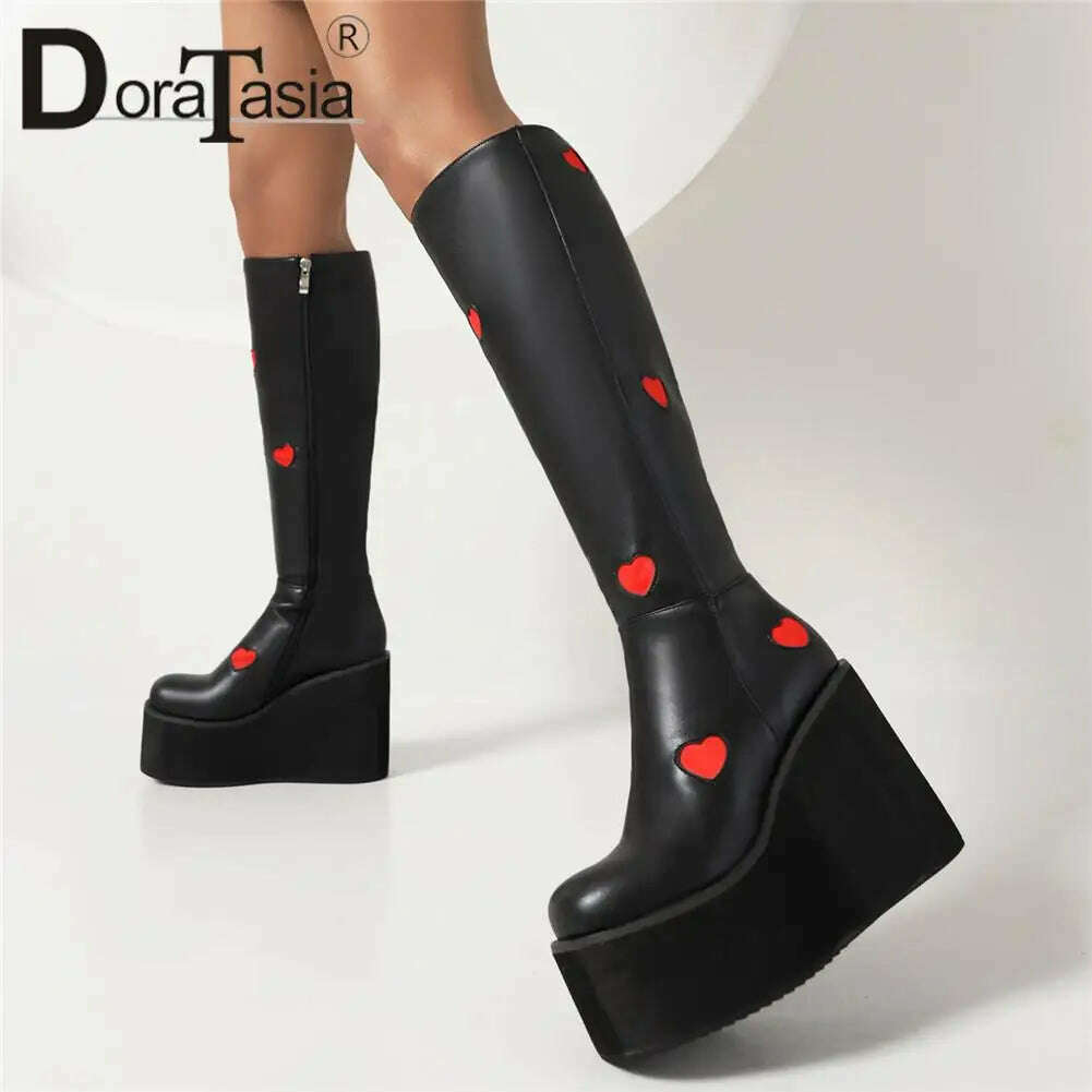 KIMLUD, Brand New Female Platform Knee High Boots Fashion Heart Wedges High Heels women&#39;s Boots 2022 Party Sweet Cool Goth Woman Shoes, KIMLUD Womens Clothes