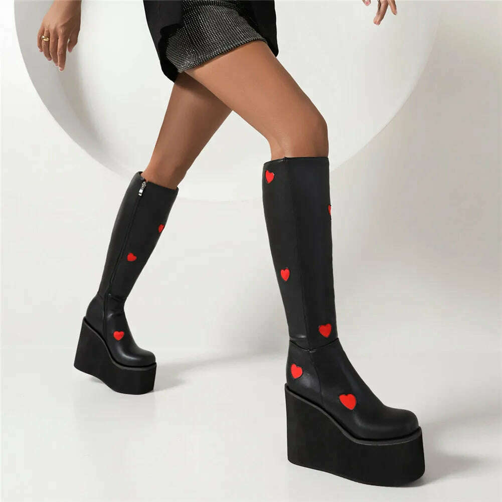 KIMLUD, Brand New Female Platform Knee High Boots Fashion Heart Wedges High Heels women&#39;s Boots 2022 Party Sweet Cool Goth Woman Shoes, KIMLUD Womens Clothes