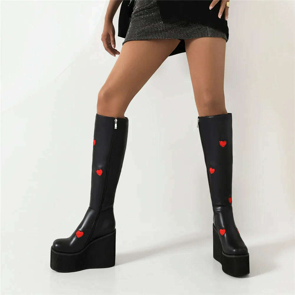 KIMLUD, Brand New Female Platform Knee High Boots Fashion Heart Wedges High Heels women's Boots 2022 Party Sweet Cool Goth Woman Shoes, KIMLUD Womens Clothes