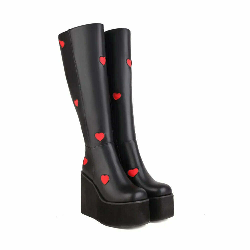 KIMLUD, Brand New Female Platform Knee High Boots Fashion Heart Wedges High Heels women&#39;s Boots 2022 Party Sweet Cool Goth Woman Shoes, KIMLUD Womens Clothes