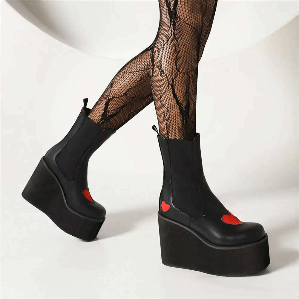 KIMLUD, Brand New Female Platform Knee High Boots Fashion Heart Wedges High Heels women&#39;s Boots 2022 Party Sweet Cool Goth Woman Shoes, KIMLUD Womens Clothes