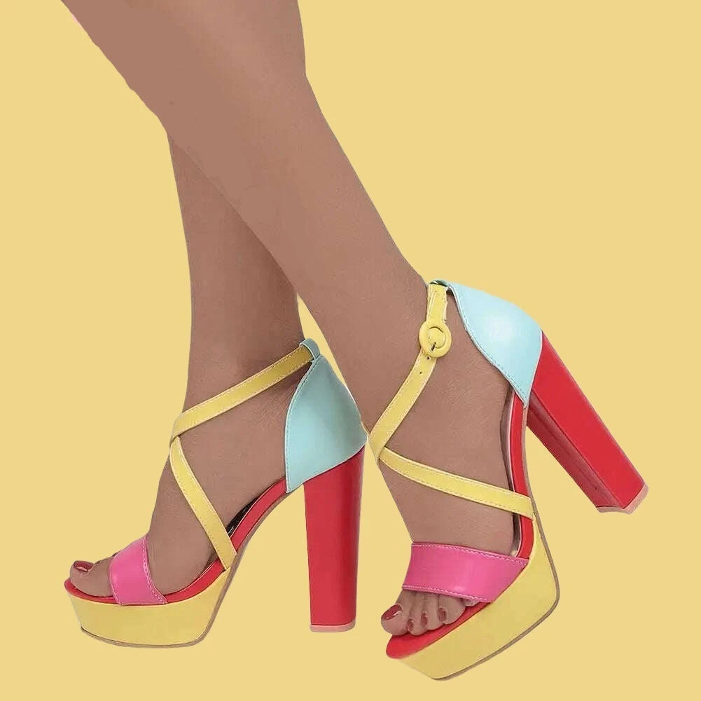KIMLUD, Brand New Ladies Platform Summer Sandals Fashion Buckle Mixed Colors Thick High Heels women's Sandals Party Sexy Shoes Woman, KIMLUD Womens Clothes