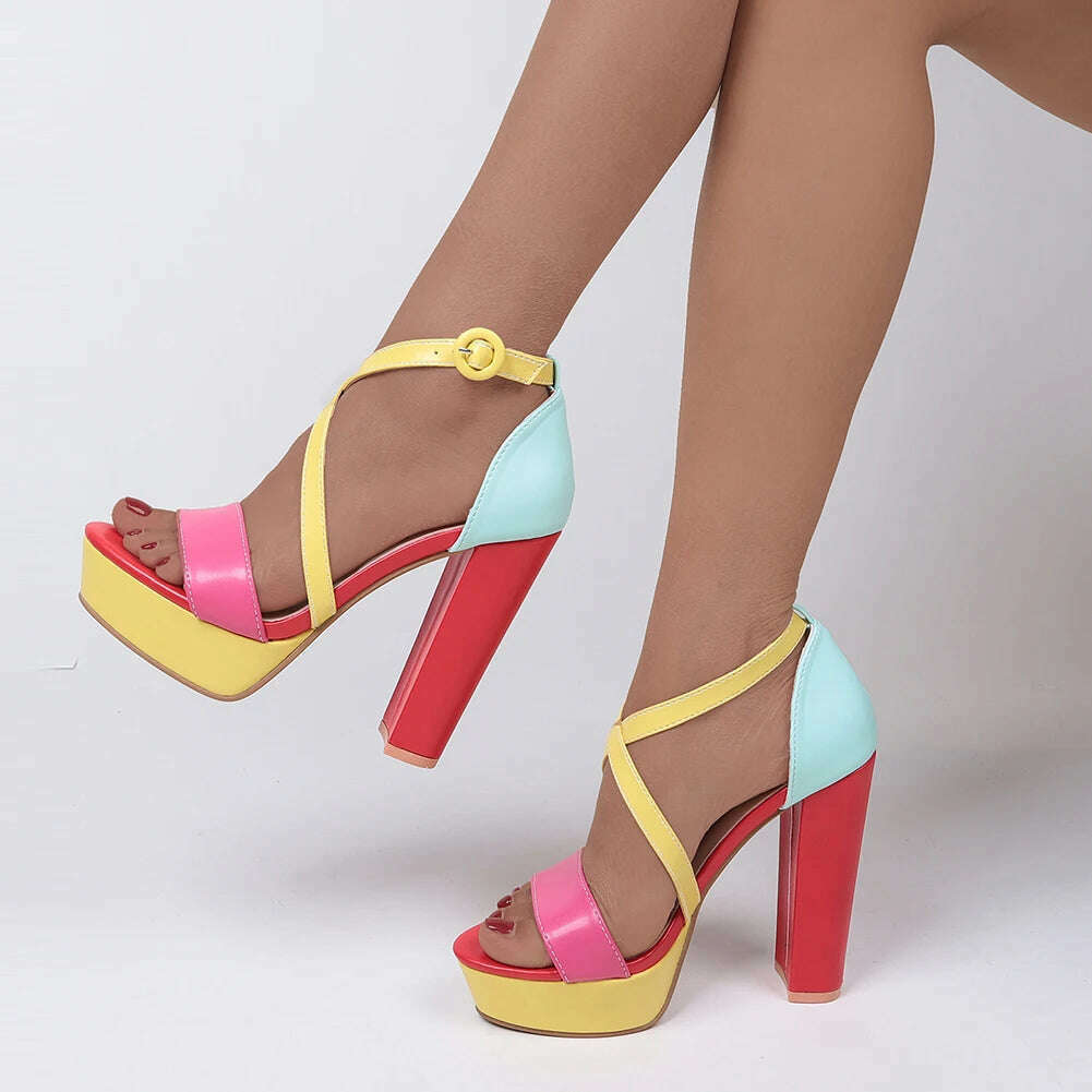 KIMLUD, Brand New Ladies Platform Summer Sandals Fashion Buckle Mixed Colors Thick High Heels women&#39;s Sandals Party Sexy Shoes Woman, KIMLUD Womens Clothes