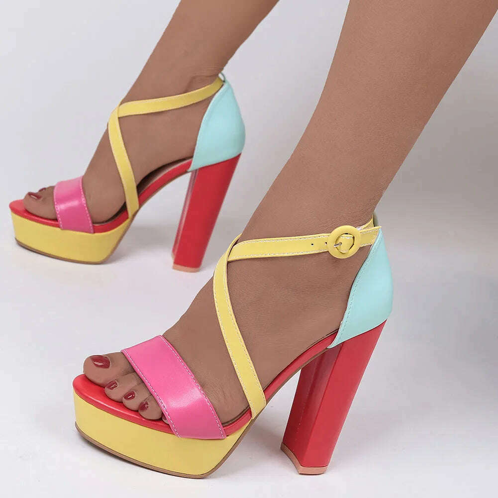 KIMLUD, Brand New Ladies Platform Summer Sandals Fashion Buckle Mixed Colors Thick High Heels women's Sandals Party Sexy Shoes Woman, KIMLUD Womens Clothes