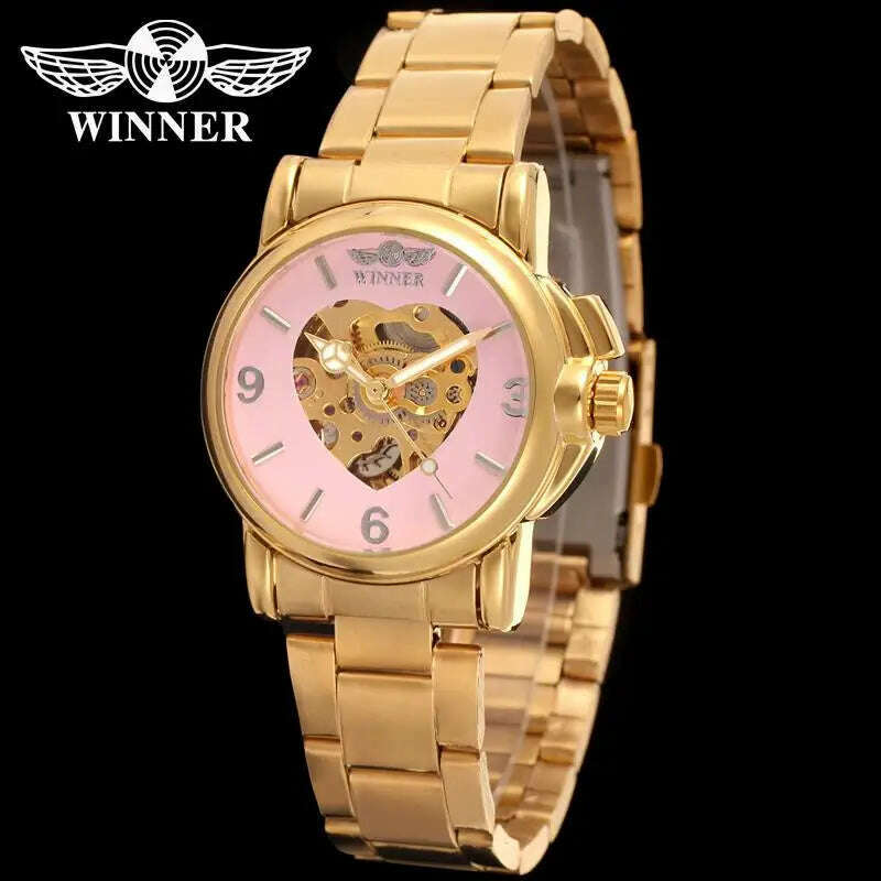 Brand Winner Watch Women Heart-shaped Watches Skeleton Luxury Gold Full Steel Automatic Mechanical Wristwatches Reloj Mujer 2020 - KIMLUD