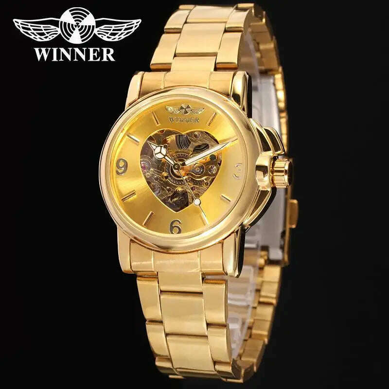 Brand Winner Watch Women Heart-shaped Watches Skeleton Luxury Gold Full Steel Automatic Mechanical Wristwatches Reloj Mujer 2020 - KIMLUD