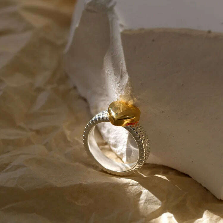 Brass 2 Tone Heart Solid Rings Women Jewelry Punk Style Designer Club Cocktail Party Gown Amazing Gift Trendy Boho Korean Japan - KIMLUD