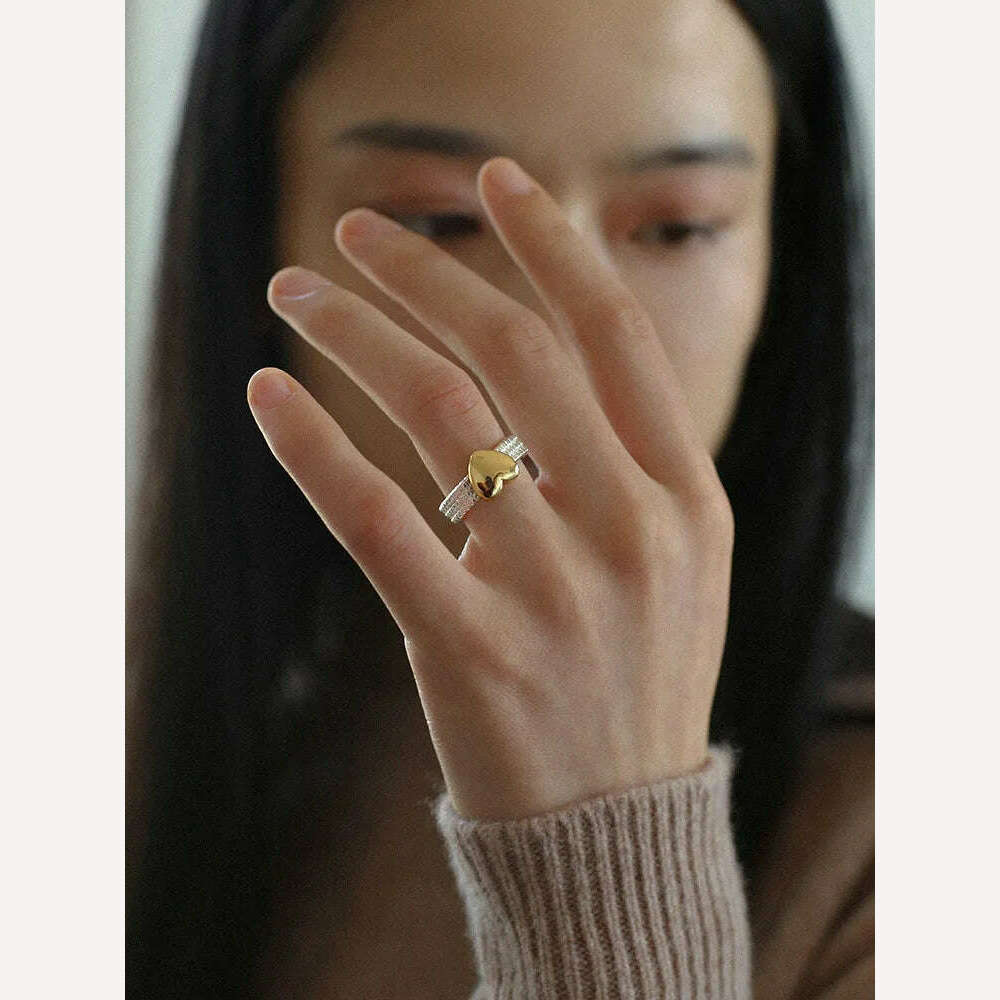 Brass 2 Tone Heart Solid Rings Women Jewelry Punk Style Designer Club Cocktail Party Gown Amazing Gift Trendy Boho Korean Japan - KIMLUD