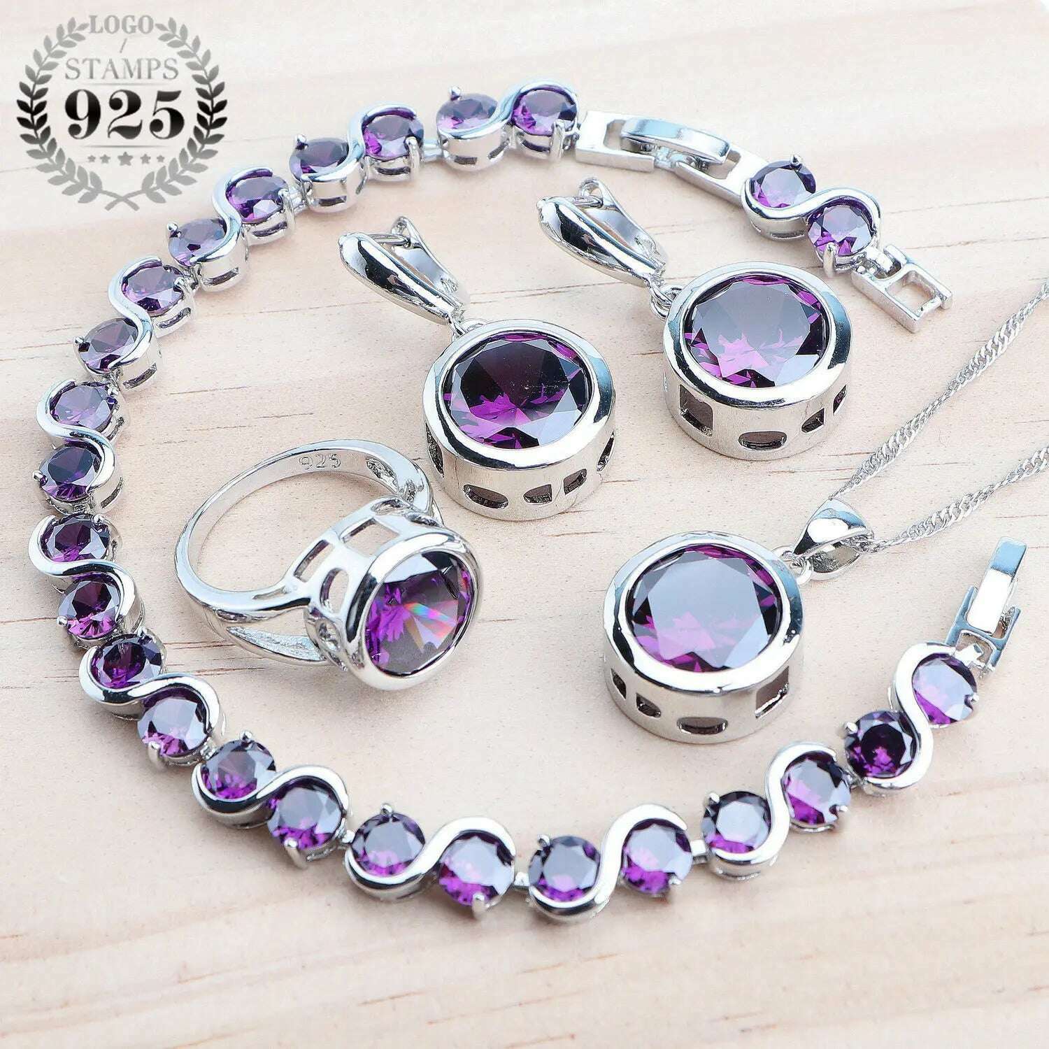 KIMLUD, Bridal Silver 925 Jewelry Sets For Women Wedding Jewelry Ladies Purple Zircon Rings Bracelets Set Earrings Pendant Necklace, 4PCS-Purple / 6, KIMLUD Womens Clothes