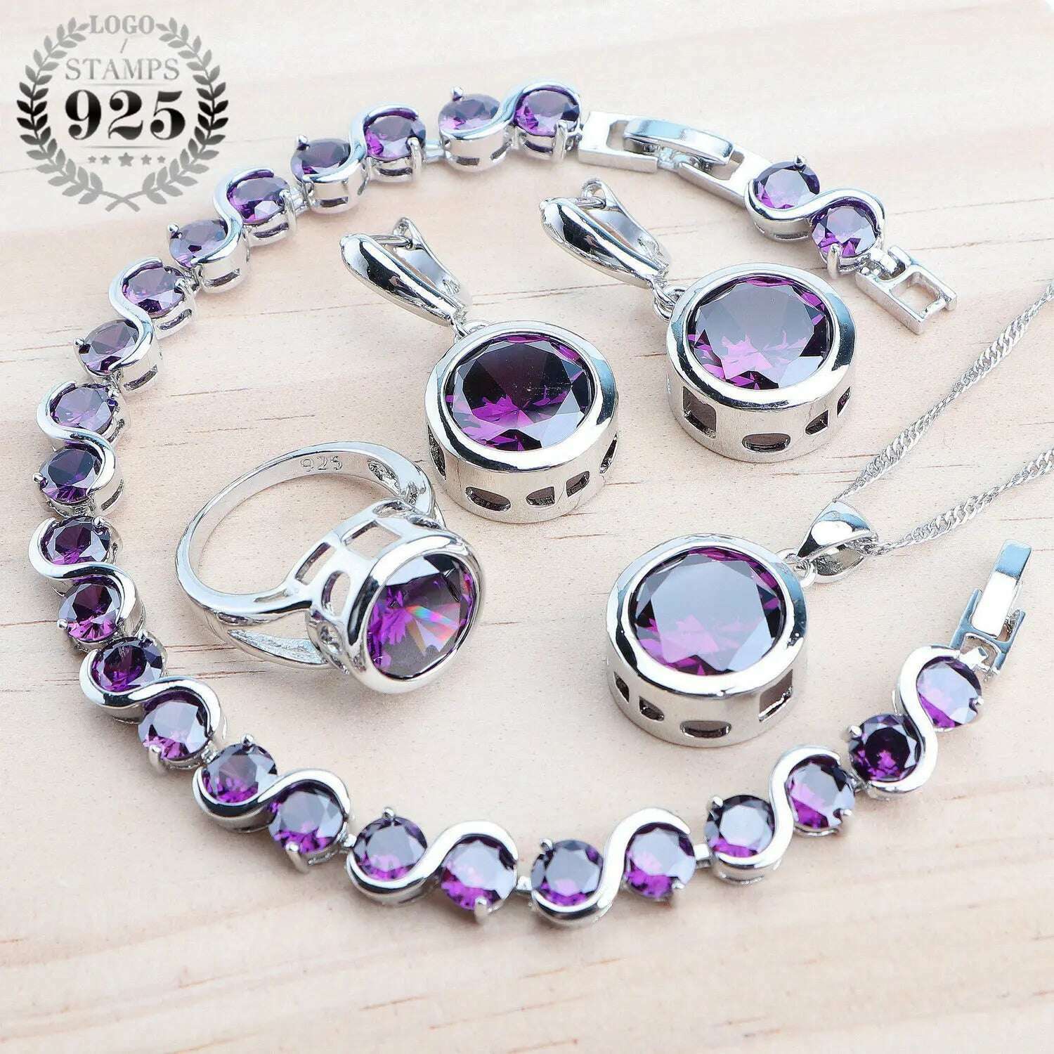 KIMLUD, Bridal Silver 925 Jewelry Sets For Women Wedding Jewelry Ladies Purple Zircon Rings Bracelets Set Earrings Pendant Necklace, KIMLUD Womens ClothesKIMLUD, Bridal Silver 925 Jewelry Sets For Women Wedding Jewelry Ladies Purple Zircon Rings Bracelets Set Earrings Pendant Necklace, 4PCS-Purple / 6, KIMLUD APPAREL - Womens Clothes