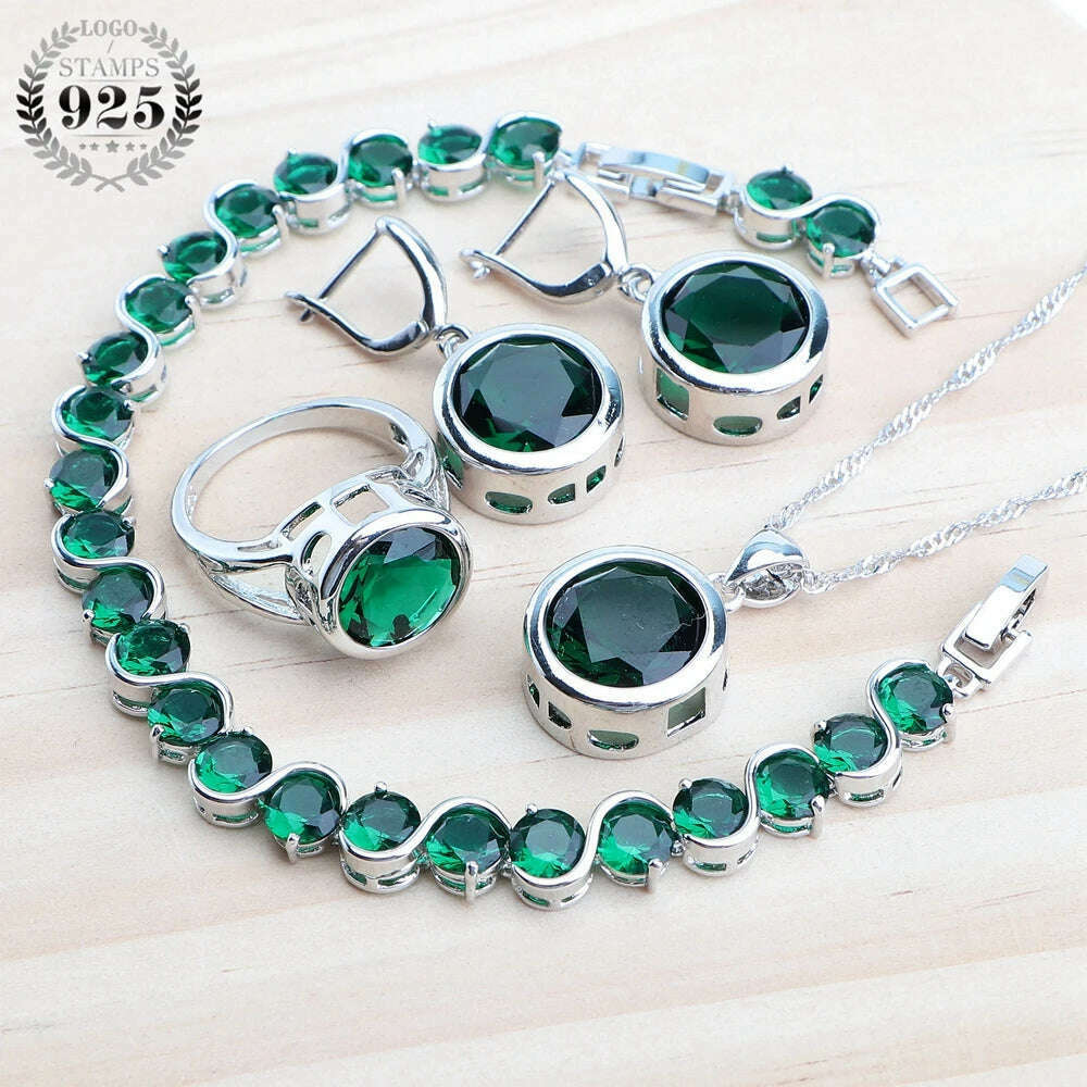 KIMLUD, Bridal Silver 925 Jewelry Sets For Women Wedding Jewelry Ladies Purple Zircon Rings Bracelets Set Earrings Pendant Necklace, KIMLUD Womens ClothesKIMLUD, Bridal Silver 925 Jewelry Sets For Women Wedding Jewelry Ladies Purple Zircon Rings Bracelets Set Earrings Pendant Necklace, 4PCS-Green / 6, KIMLUD APPAREL - Womens Clothes