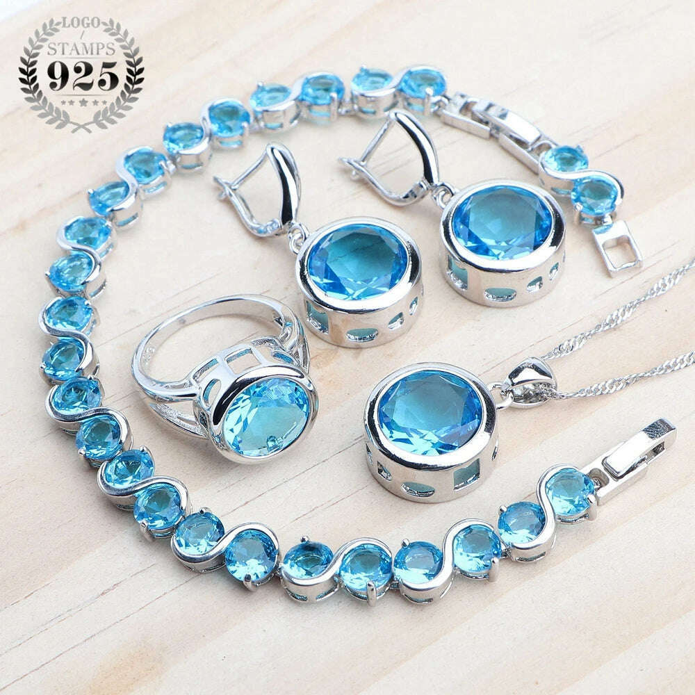 KIMLUD, Bridal Silver 925 Jewelry Sets For Women Wedding Jewelry Ladies Purple Zircon Rings Bracelets Set Earrings Pendant Necklace, KIMLUD Womens ClothesKIMLUD, Bridal Silver 925 Jewelry Sets For Women Wedding Jewelry Ladies Purple Zircon Rings Bracelets Set Earrings Pendant Necklace, 4PCS-Sky BLue / 6, KIMLUD APPAREL - Womens Clothes
