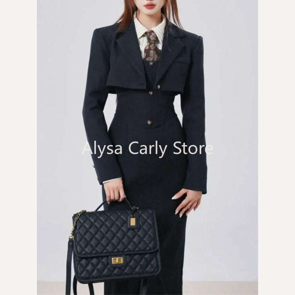 KIMLUD, British Style 3 Piece Dress Set Women Long Sleeve Chic Coat + White Stripe Shirt + Casual Long Dress Elegant Office Lady Suits, KIMLUD Womens Clothes