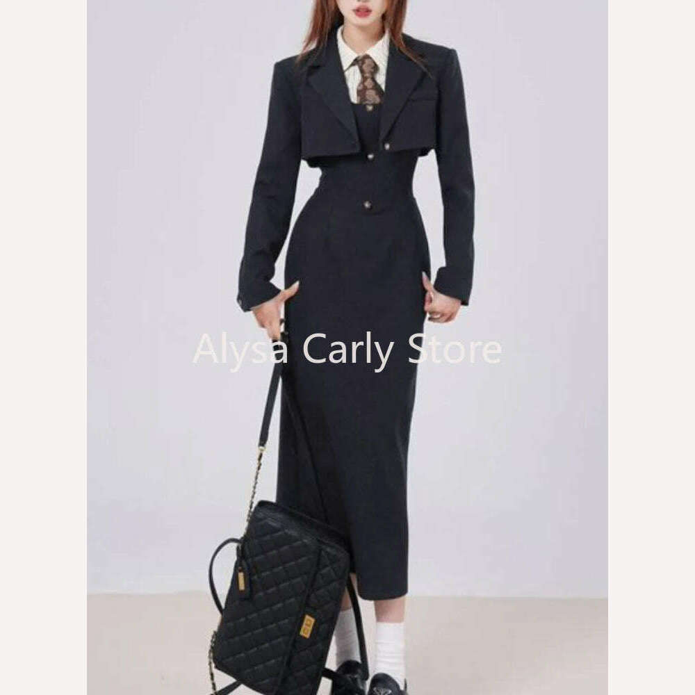KIMLUD, British Style 3 Piece Dress Set Women Long Sleeve Chic Coat + White Stripe Shirt + Casual Long Dress Elegant Office Lady Suits, KIMLUD Womens Clothes
