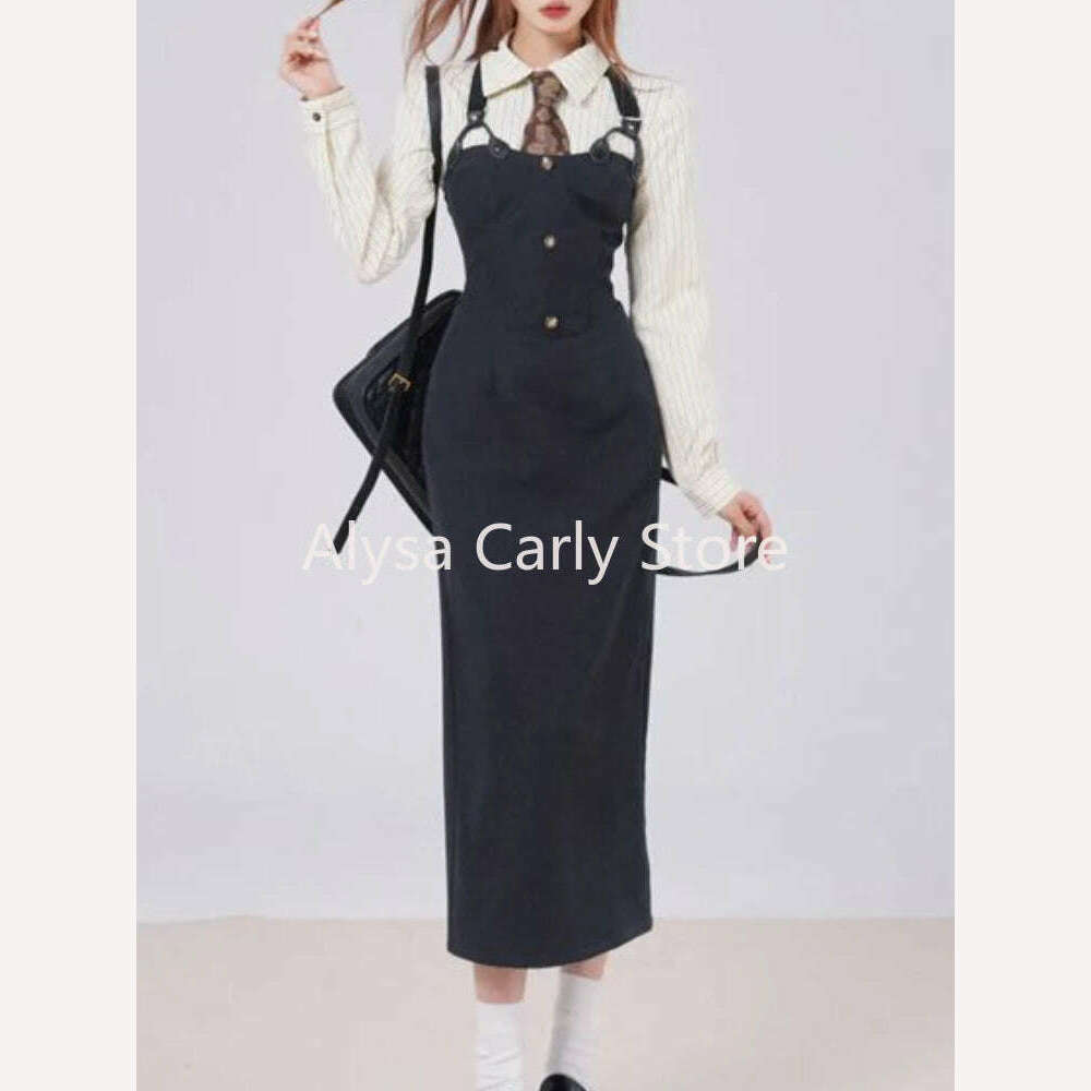 KIMLUD, British Style 3 Piece Dress Set Women Long Sleeve Chic Coat + White Stripe Shirt + Casual Long Dress Elegant Office Lady Suits, KIMLUD Womens Clothes