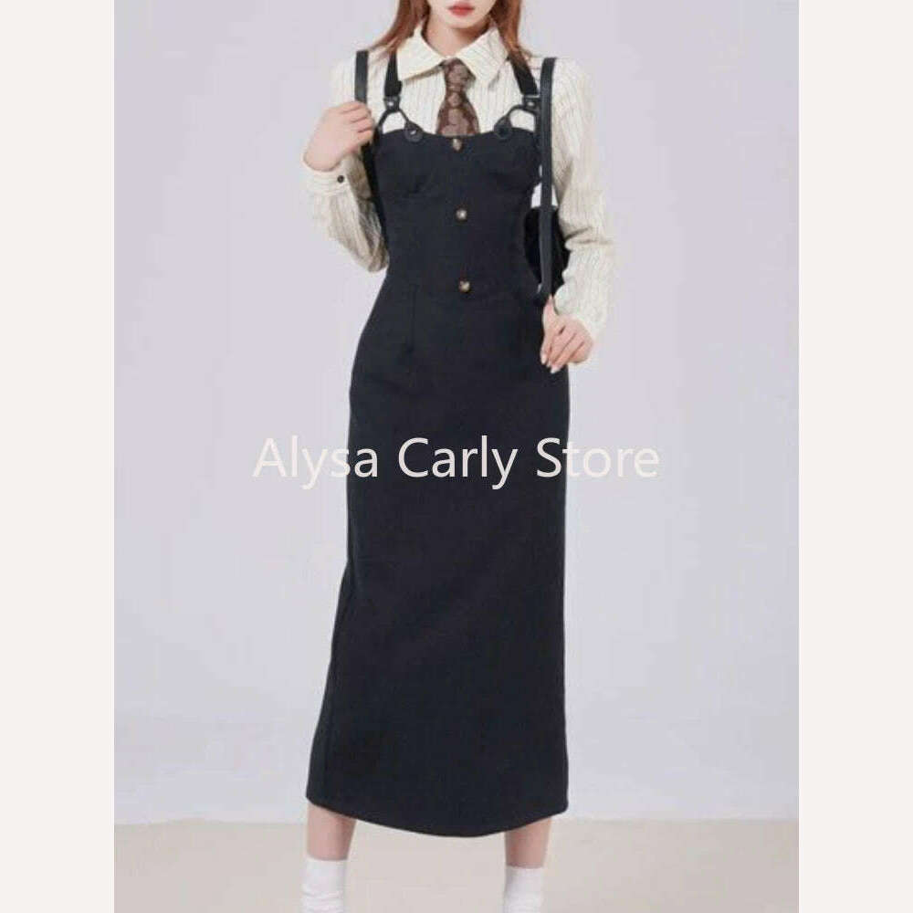 KIMLUD, British Style 3 Piece Dress Set Women Long Sleeve Chic Coat + White Stripe Shirt + Casual Long Dress Elegant Office Lady Suits, KIMLUD Womens Clothes