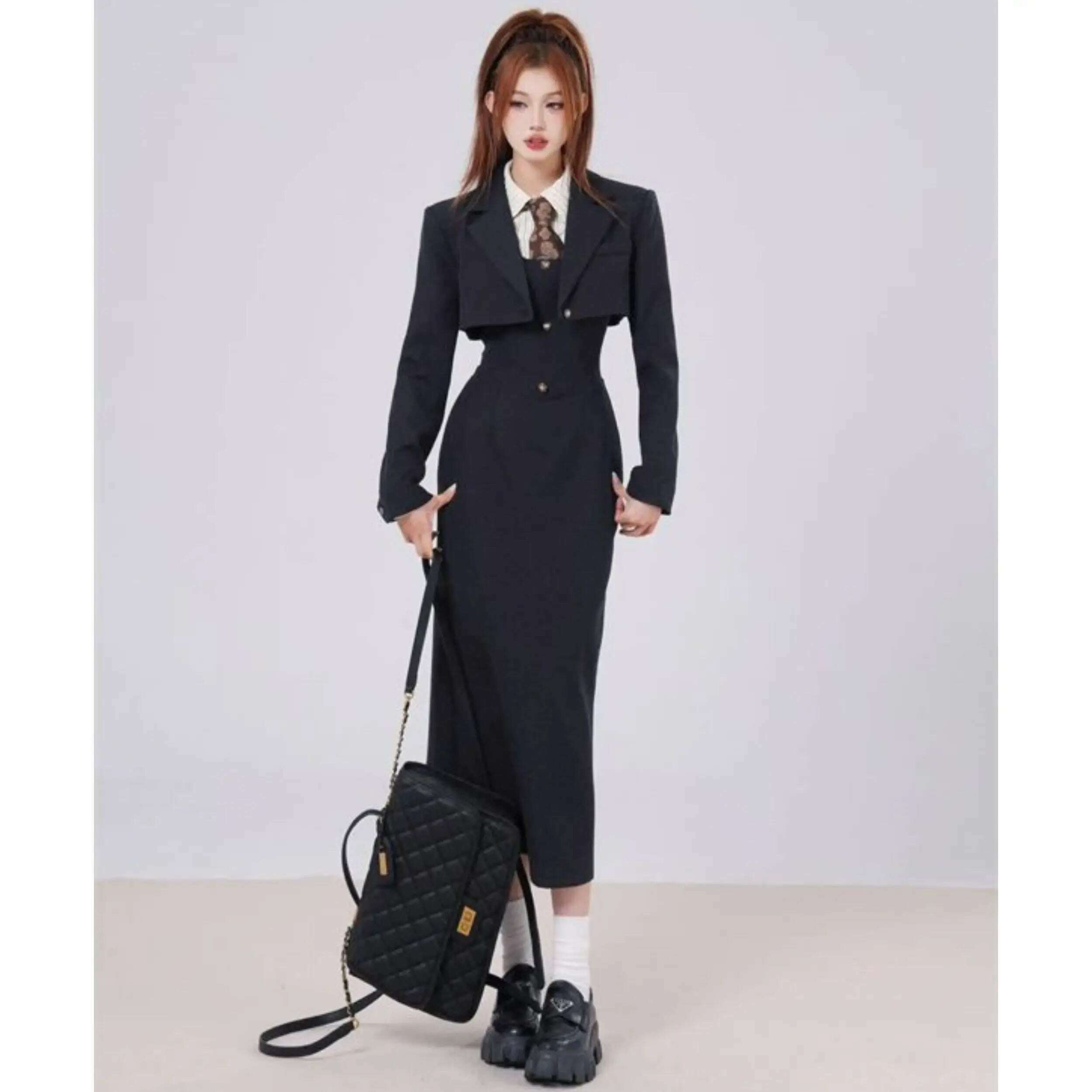 KIMLUD, British Style 3 Piece Dress Set Women Long Sleeve Chic Coat + White Stripe Shirt + Casual Long Dress Elegant Office Lady Suits, 3 Piece Sets / S, KIMLUD Womens Clothes