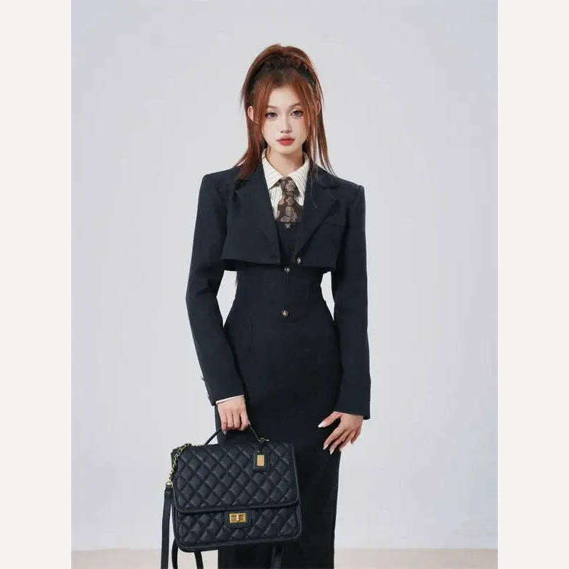 KIMLUD, British Style 3 Piece Dress Set Women Long Sleeve Chic Coat + White Stripe Shirt + Casual Long Dress Elegant Office Lady Suits, KIMLUD Womens Clothes