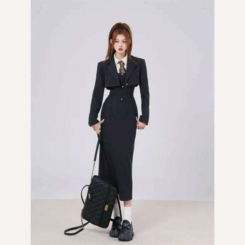 KIMLUD, British Style 3 Piece Dress Set Women Long Sleeve Chic Coat + White Stripe Shirt + Casual Long Dress Elegant Office Lady Suits, KIMLUD Womens Clothes