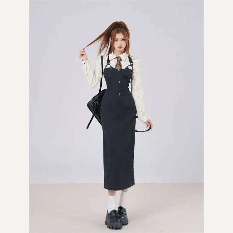 KIMLUD, British Style 3 Piece Dress Set Women Long Sleeve Chic Coat + White Stripe Shirt + Casual Long Dress Elegant Office Lady Suits, KIMLUD Womens Clothes