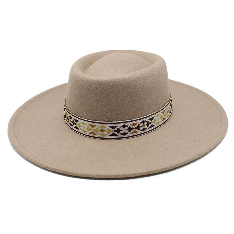 KIMLUD, British Style Felt Fedoras Hat New Fashion 9.5CM Wide Brim Wool bowler Dress hat Winter Church Jazz Caps chapeu feminino, Beige / 56-58CM, KIMLUD Womens Clothes