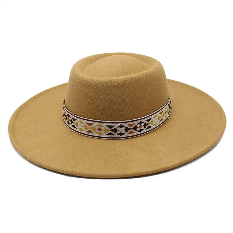KIMLUD, British Style Felt Fedoras Hat New Fashion 9.5CM Wide Brim Wool bowler Dress hat Winter Church Jazz Caps chapeu feminino, Camel / 56-58CM, KIMLUD Womens Clothes