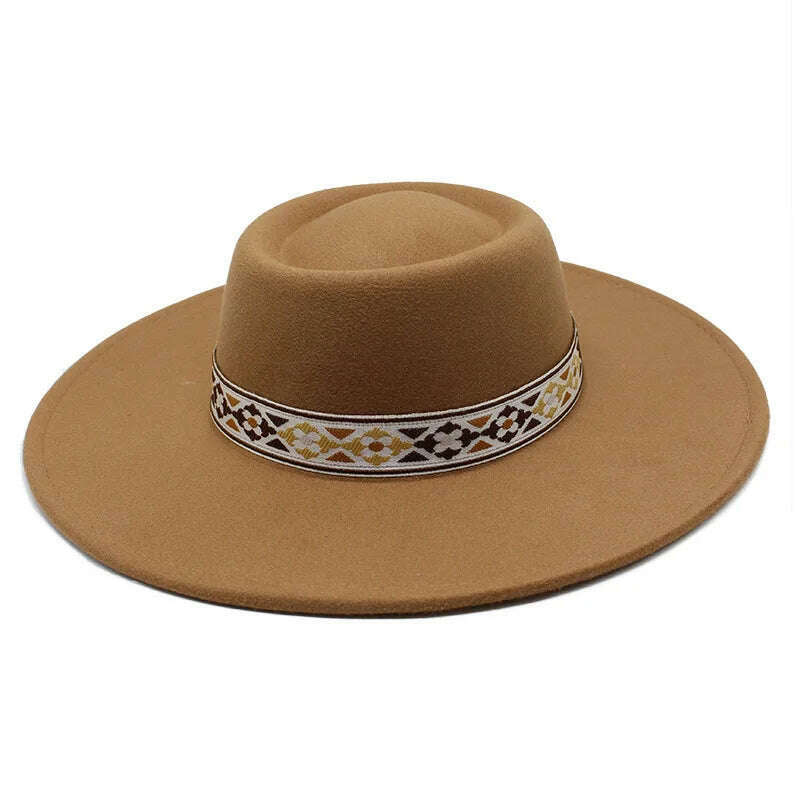 KIMLUD, British Style Felt Fedoras Hat New Fashion 9.5CM Wide Brim Wool bowler Dress hat Winter Church Jazz Caps chapeu feminino, Khaki / 56-58CM, KIMLUD Womens Clothes