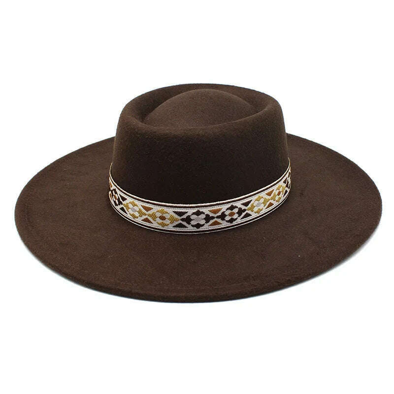 KIMLUD, British Style Felt Fedoras Hat New Fashion 9.5CM Wide Brim Wool bowler Dress hat Winter Church Jazz Caps chapeu feminino, Brown / 56-58CM, KIMLUD Womens Clothes