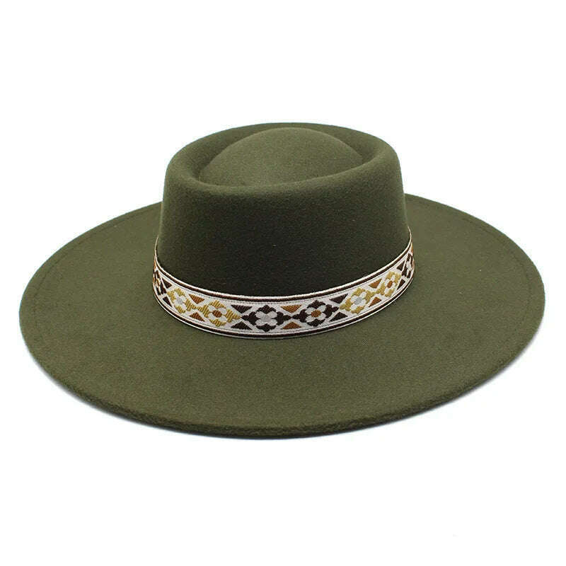 KIMLUD, British Style Felt Fedoras Hat New Fashion 9.5CM Wide Brim Wool bowler Dress hat Winter Church Jazz Caps chapeu feminino, Army Green / 56-58CM, KIMLUD Womens Clothes