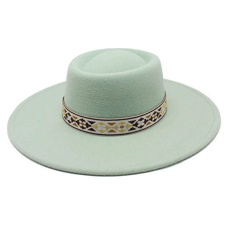 KIMLUD, British Style Felt Fedoras Hat New Fashion 9.5CM Wide Brim Wool bowler Dress hat Winter Church Jazz Caps chapeu feminino, Mint Green / 56-58CM, KIMLUD Womens Clothes