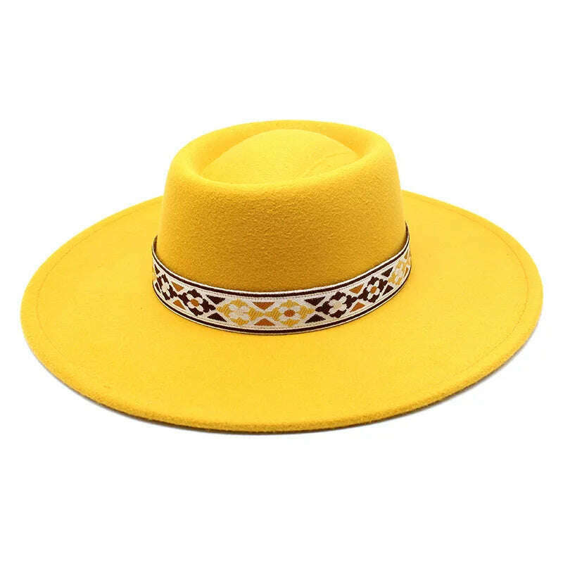 KIMLUD, British Style Felt Fedoras Hat New Fashion 9.5CM Wide Brim Wool bowler Dress hat Winter Church Jazz Caps chapeu feminino, Yellow / 56-58CM, KIMLUD Womens Clothes