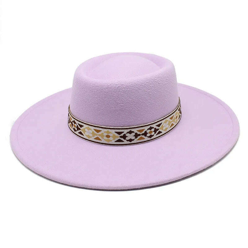 KIMLUD, British Style Felt Fedoras Hat New Fashion 9.5CM Wide Brim Wool bowler Dress hat Winter Church Jazz Caps chapeu feminino, Light purple / 56-58CM, KIMLUD Womens Clothes