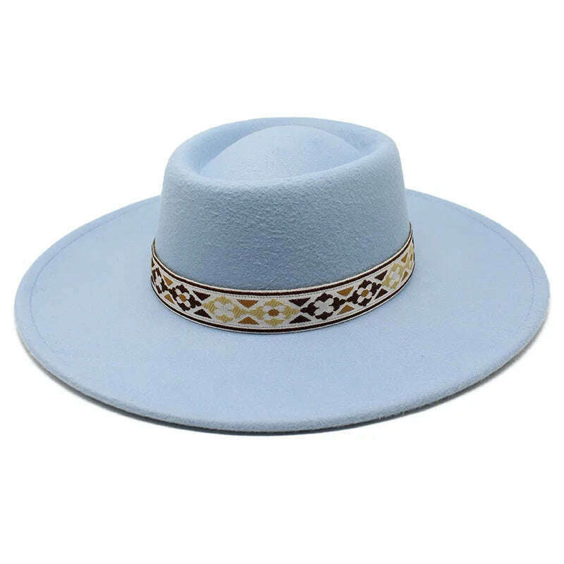 KIMLUD, British Style Felt Fedoras Hat New Fashion 9.5CM Wide Brim Wool bowler Dress hat Winter Church Jazz Caps chapeu feminino, Sky blue / 56-58CM, KIMLUD Womens Clothes