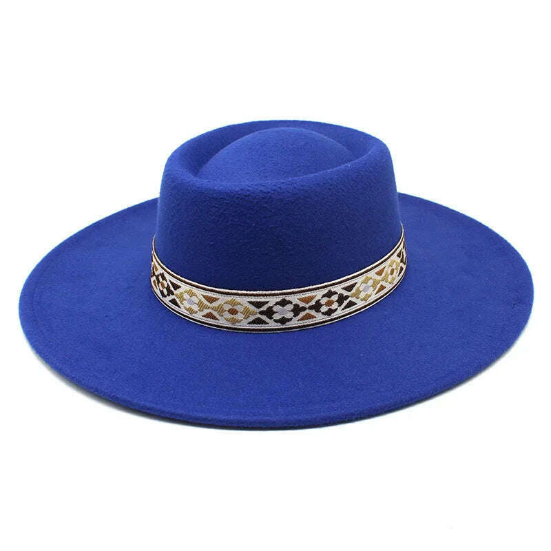 KIMLUD, British Style Felt Fedoras Hat New Fashion 9.5CM Wide Brim Wool bowler Dress hat Winter Church Jazz Caps chapeu feminino, Royal blue / 56-58CM, KIMLUD Womens Clothes