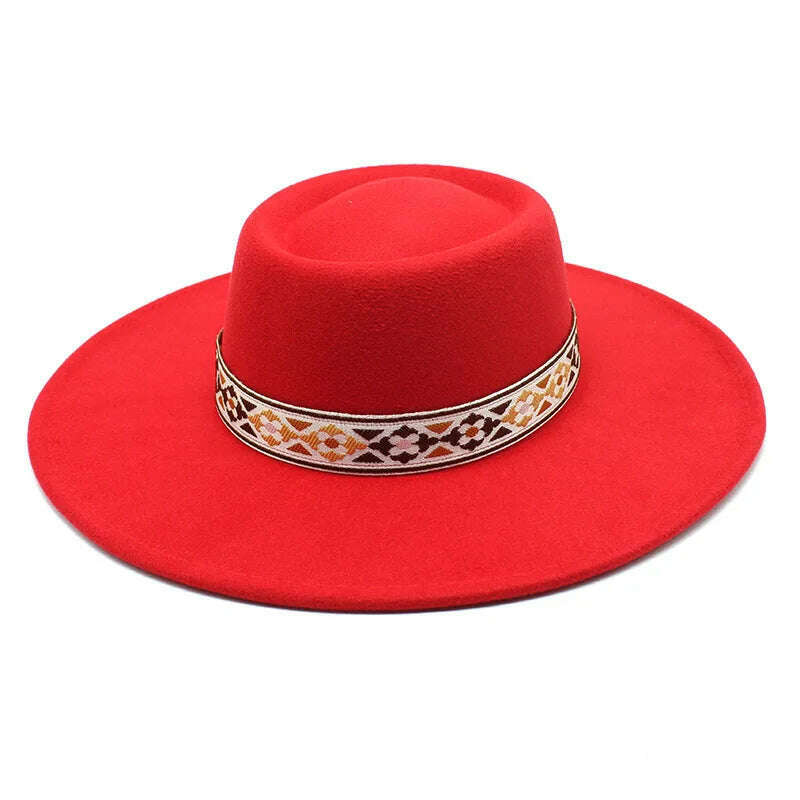 KIMLUD, British Style Felt Fedoras Hat New Fashion 9.5CM Wide Brim Wool bowler Dress hat Winter Church Jazz Caps chapeu feminino, Red / 56-58CM, KIMLUD Womens Clothes