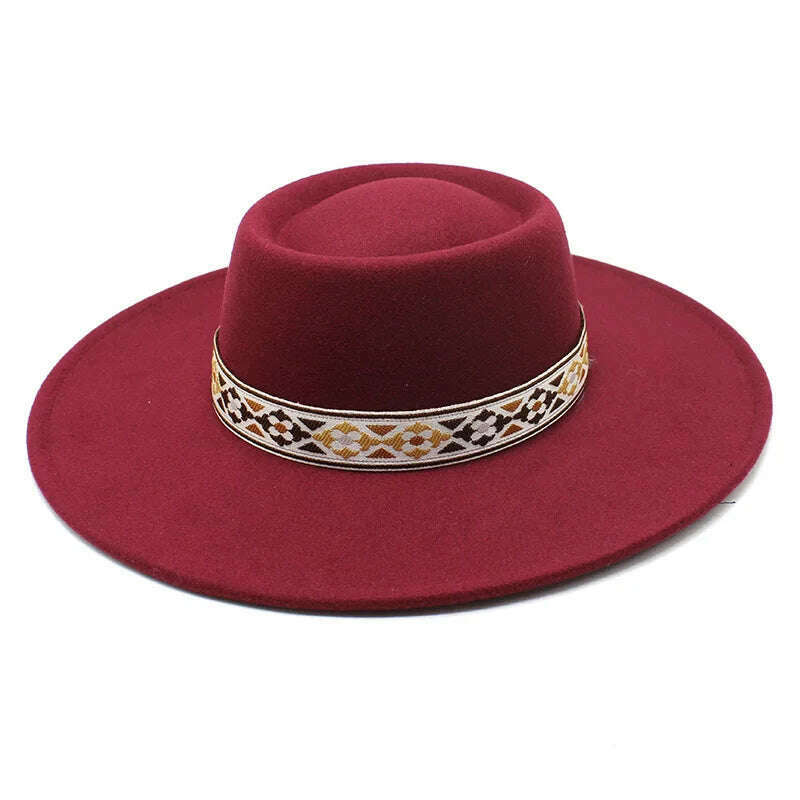 KIMLUD, British Style Felt Fedoras Hat New Fashion 9.5CM Wide Brim Wool bowler Dress hat Winter Church Jazz Caps chapeu feminino, Red wine / 56-58CM, KIMLUD Womens Clothes