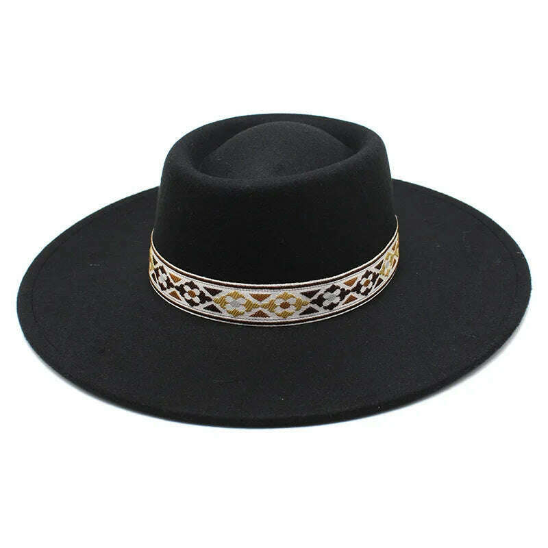 KIMLUD, British Style Felt Fedoras Hat New Fashion 9.5CM Wide Brim Wool bowler Dress hat Winter Church Jazz Caps chapeu feminino, Black / 56-58CM, KIMLUD Womens Clothes