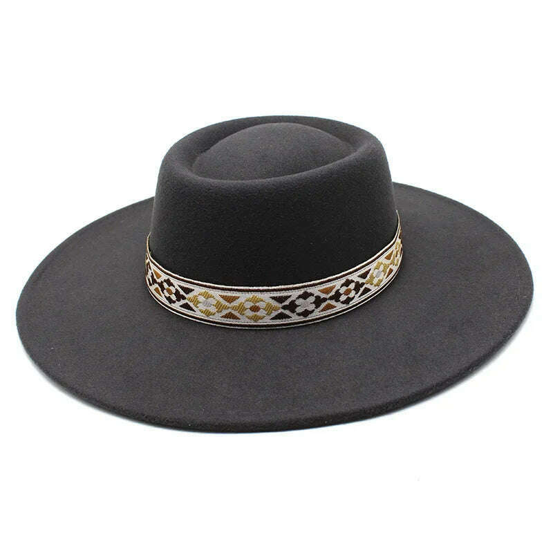 KIMLUD, British Style Felt Fedoras Hat New Fashion 9.5CM Wide Brim Wool bowler Dress hat Winter Church Jazz Caps chapeu feminino, Dark Grey / 56-58CM, KIMLUD Womens Clothes