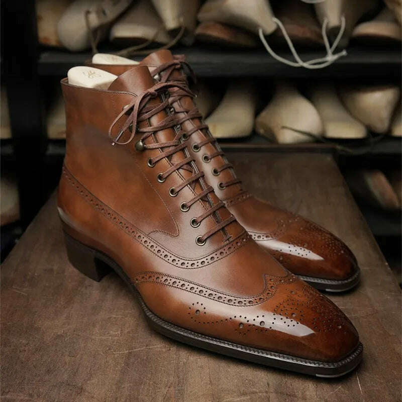 KIMLUD, Brown Brogue Men Short Boots Lace-up Ankle Handmade Square Toe Motorcycle Boots Free Shipping with Men Boots Zapatos Hombre, KIMLUD Womens Clothes