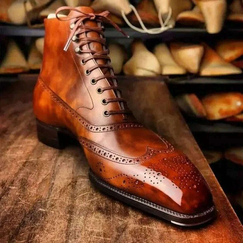 KIMLUD, Brown Brogue Men Short Boots Lace-up Ankle Handmade Square Toe Motorcycle Boots Free Shipping with Men Boots Zapatos Hombre, KIMLUD Womens Clothes