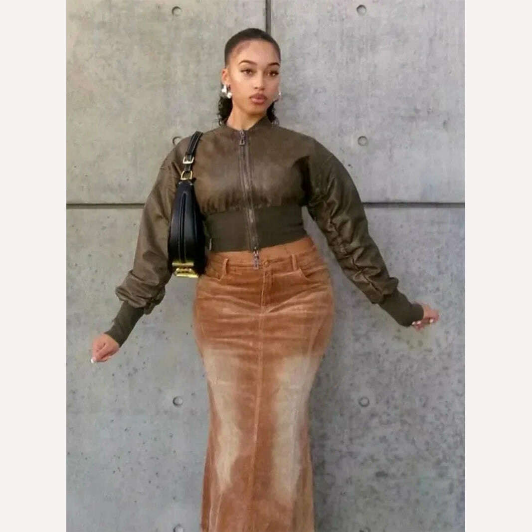 KIMLUD, Brown Jackets Women Autumn Winter Stand Collar Zip-up Cropped Tops Short Jackets Streetwear 2023 Casual PU Leather Outerwears, KIMLUD Womens Clothes