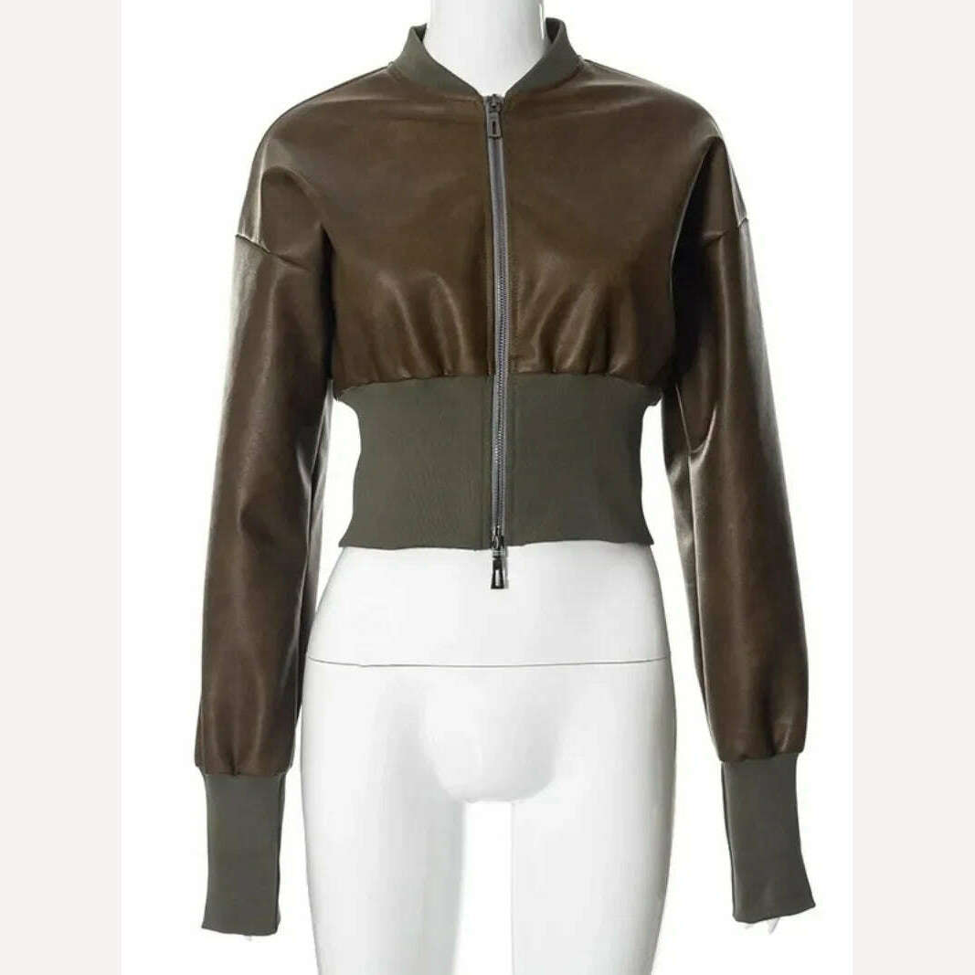 KIMLUD, Brown Jackets Women Autumn Winter Stand Collar Zip-up Cropped Tops Short Jackets Streetwear 2023 Casual PU Leather Outerwears, Brown / S, KIMLUD Womens Clothes
