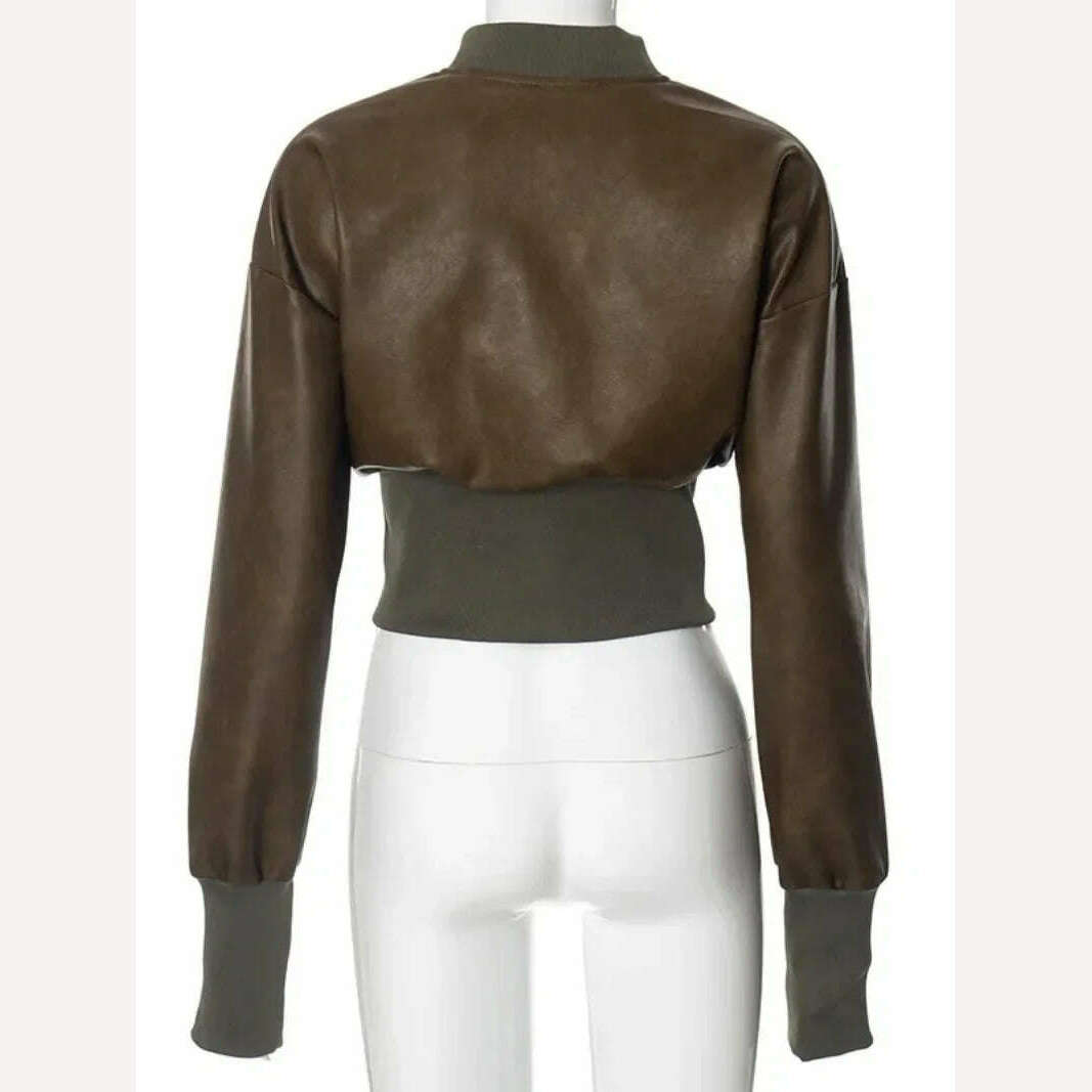 KIMLUD, Brown Jackets Women Autumn Winter Stand Collar Zip-up Cropped Tops Short Jackets Streetwear 2023 Casual PU Leather Outerwears, KIMLUD Womens Clothes