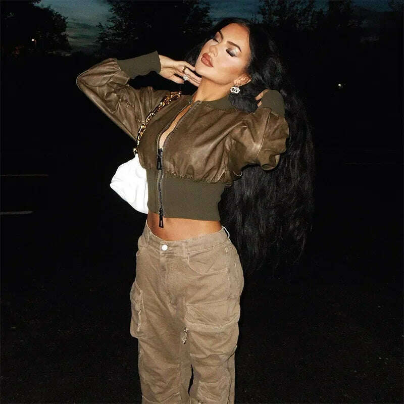KIMLUD, Brown Jackets Women Autumn Winter Stand Collar Zip-up Cropped Tops Short Jackets Streetwear 2023 Casual PU Leather Outerwears, KIMLUD Womens Clothes