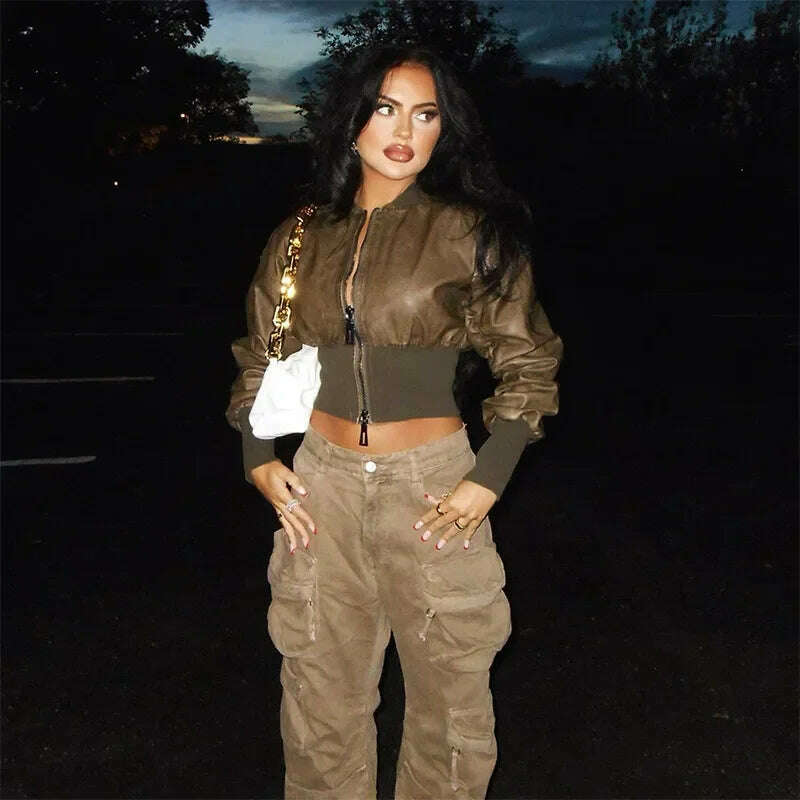KIMLUD, Brown Jackets Women Autumn Winter Stand Collar Zip-up Cropped Tops Short Jackets Streetwear 2023 Casual PU Leather Outerwears, KIMLUD Womens Clothes
