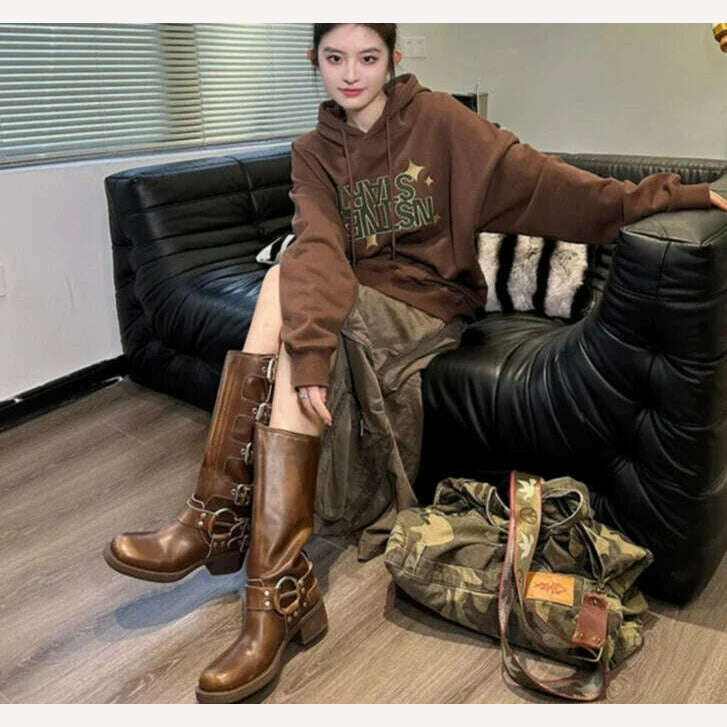 KIMLUD, Brown Miu Women's Winter High Boots 2023 Autumn Genuine Leather High Heel Square Head Sleeve Motorcycle Rider Ankle Boots, KIMLUD Womens Clothes